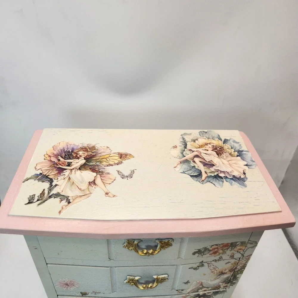Vintage Fairy Jewelry Music Box 3 Drawer Chest and Matching 12in Vanity Tray Set
